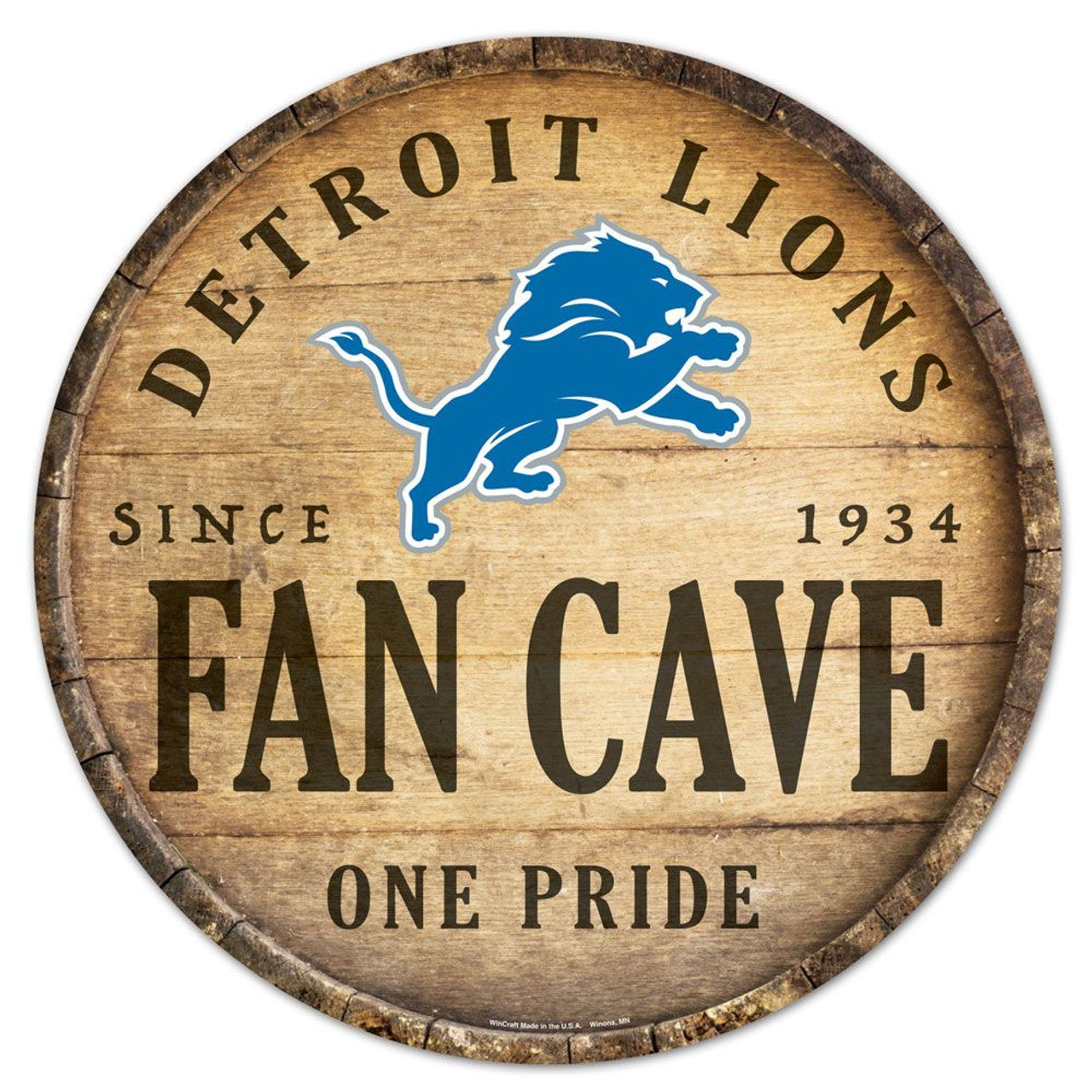 Detroit Lions Sign Wood 14 Inch Round Barrel Top Design