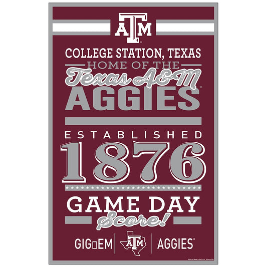 Texas A&M Aggies Sign 11x17 Wood Established Design